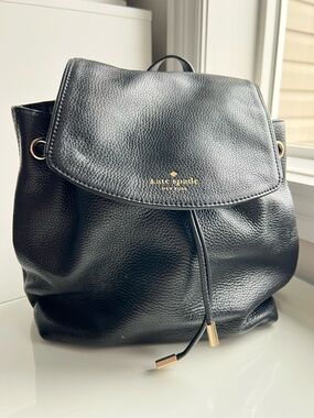 kate spade Black Pebbled Leather Drawstring Backpack with Gold Hardware